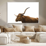 62566114-MGV-FC-36X24_White-Longhorn Cow Art Wall Art Canvas Print, Framed Rustic Animal Decor Art Picture Print, Texas Bull Photo Perfect Rustic Farmhouse