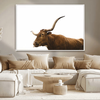 62566114-MGV-FC-36X24_White-Longhorn Cow Art Wall Art Canvas Print, Framed Rustic Animal Decor Art Picture Print, Texas Bull Photo Perfect Rustic Farmhouse