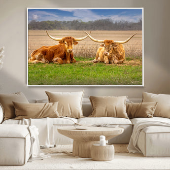 97244565-MGV-CV-36X24-Longhorn Duo Wall Art Canvas Print, Framed Cozy Ranch Vibes Art Picture Print, Western Ranch Decor Perfect Rustic Farmhouse Decor