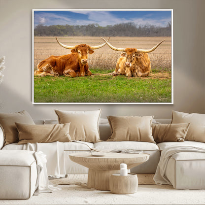 97244565-MGV-CV-36X24-Longhorn Duo Wall Art Canvas Print, Framed Cozy Ranch Vibes Art Picture Print, Western Ranch Decor Perfect Rustic Farmhouse Decor