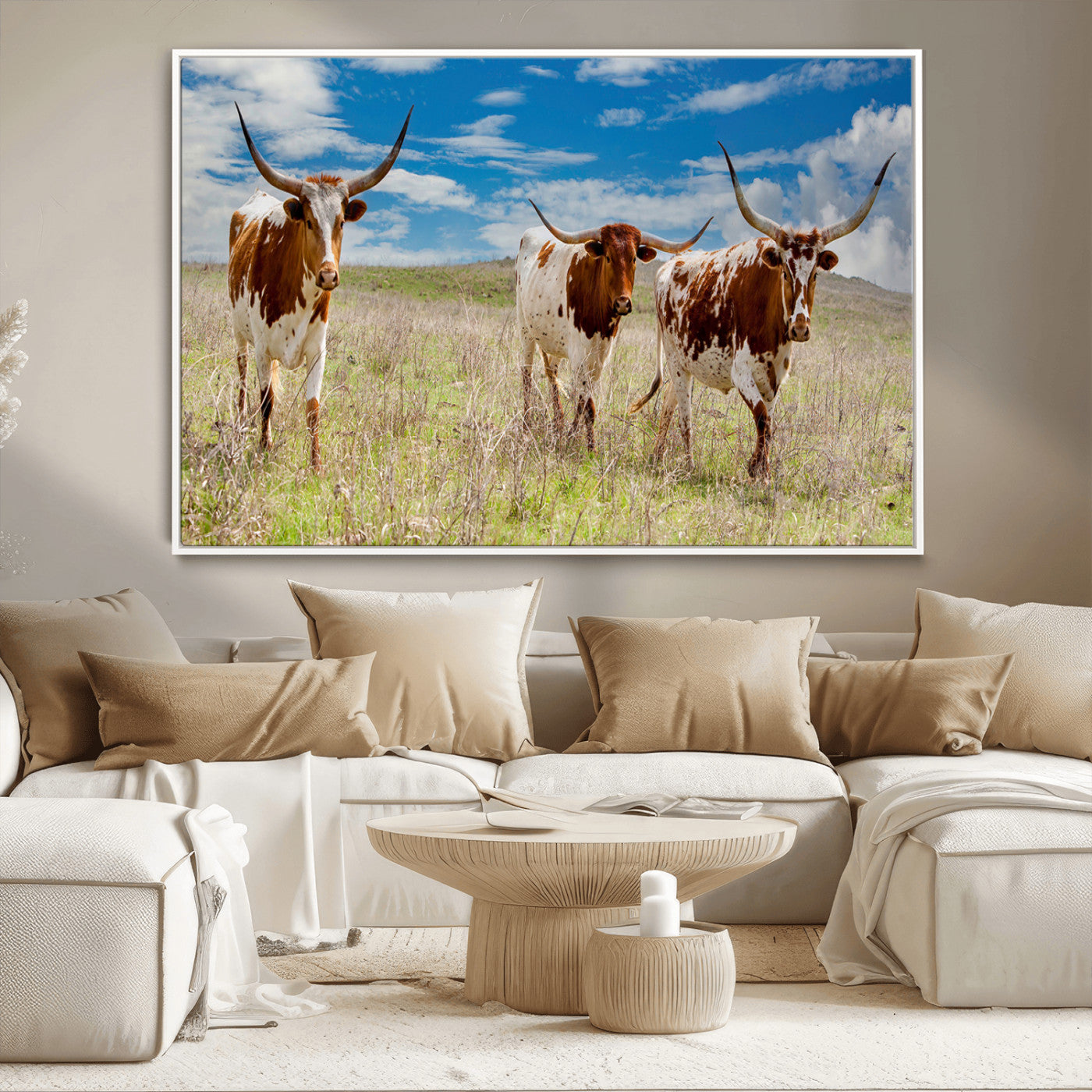 58099948-MGV-CV-36X24-Texas Longhorn Wall Art Canvas Print, Framed Western Decor Art Picture Print, Rustic Farmhouse Perfect Western Farmhouse Decor