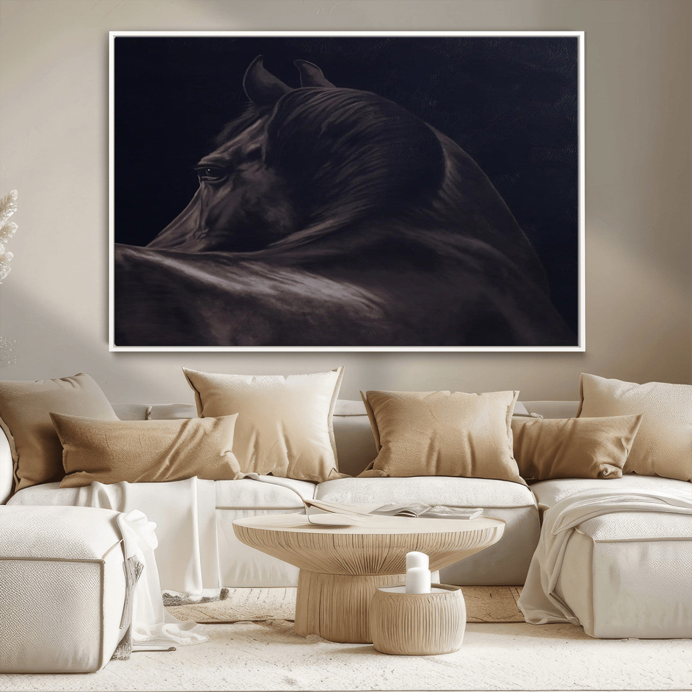 67026880-MGV-CV-36X24-Black Horse Portrait Wall Art Canvas Print, Framed Moody Horse Decor Art Picture Print, Equestrian Wall Style Perfect Masculine