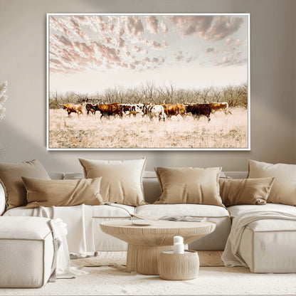 57389417-MGV-CV-36X24-Cow Herd Photography Wall Art Canvas Print, Framed Rustic Farmhouse Decor Art Picture Print, Western Ranch Style Perfect Rustic