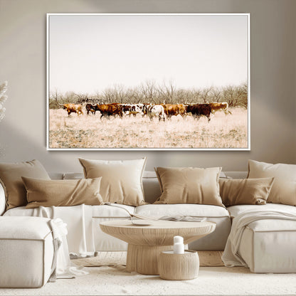 12454132-MGV-CV-36X24-Cow Herd Photography Wall Art Canvas Print, Framed Rustic Farmhouse Decor Art Picture Print, Western Ranch Style Perfect Rustic