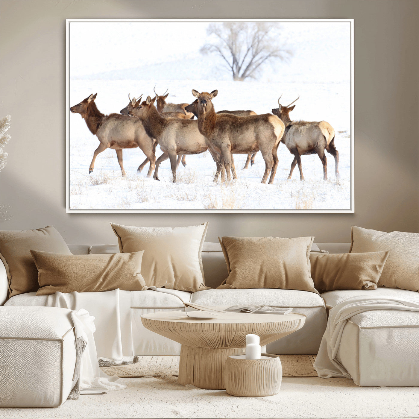 68738684-MGV-CV-36X24-Winter Elk Scene Wall Art Canvas Print, Framed Wildlife Photography Art Picture Print, Snowy Deer Decor Perfect Rustic Lodge Decor
