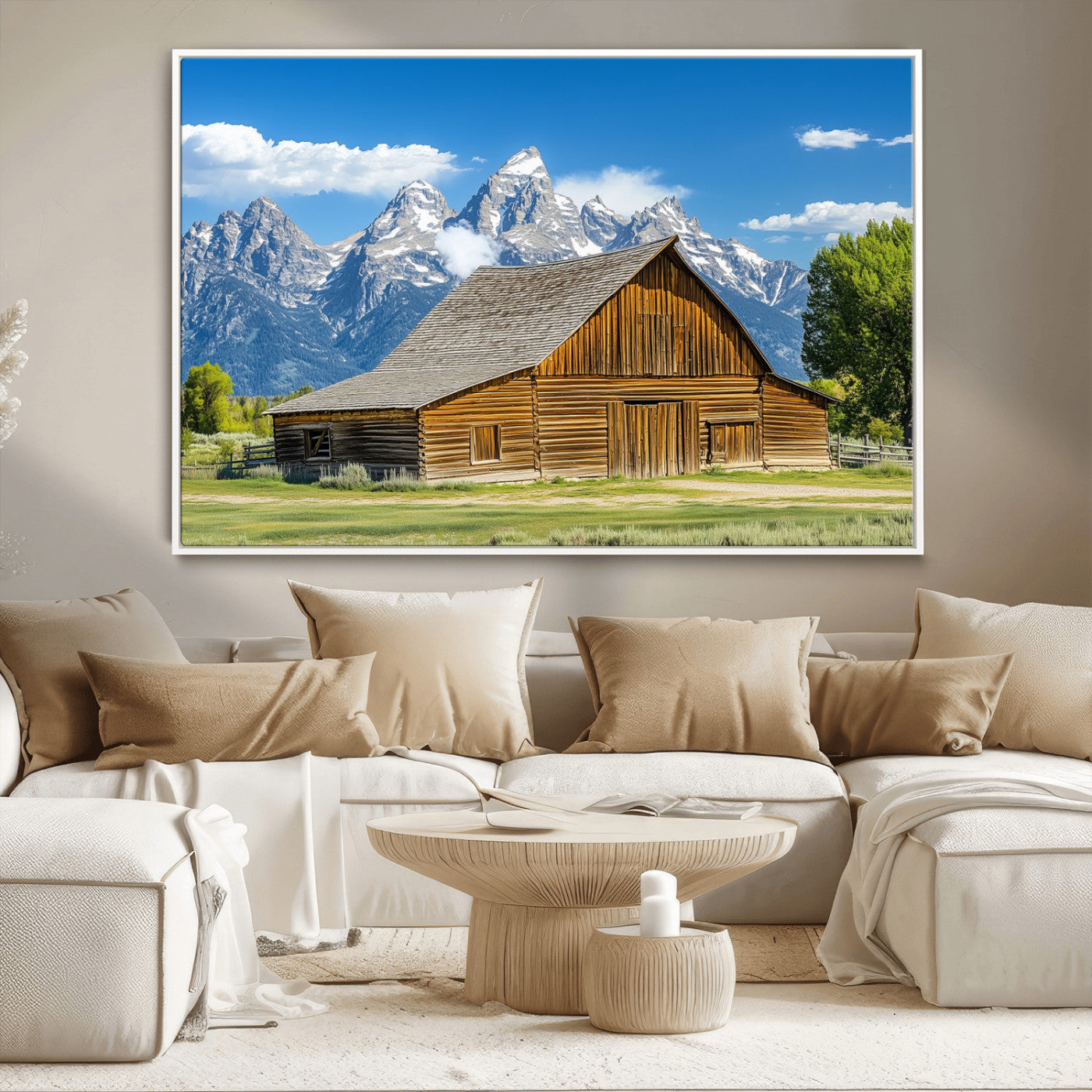 75948467-MGV-CV-36X24-Mountain Barn Scene Wall Art Canvas Print, Framed Rustic Farmhouse Style Art Picture Print, Country Cabin Decor Perfect Rustic