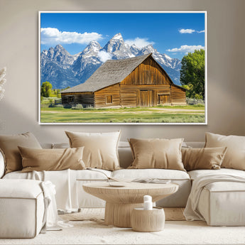 75948467-MGV-CV-36X24-Mountain Barn Scene Wall Art Canvas Print, Framed Rustic Farmhouse Style Art Picture Print, Country Cabin Decor Perfect Rustic