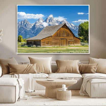 75948467-MGV-CV-36X24-Mountain Barn Scene Wall Art Canvas Print, Framed Rustic Farmhouse Style Art Picture Print, Country Cabin Decor Perfect Rustic