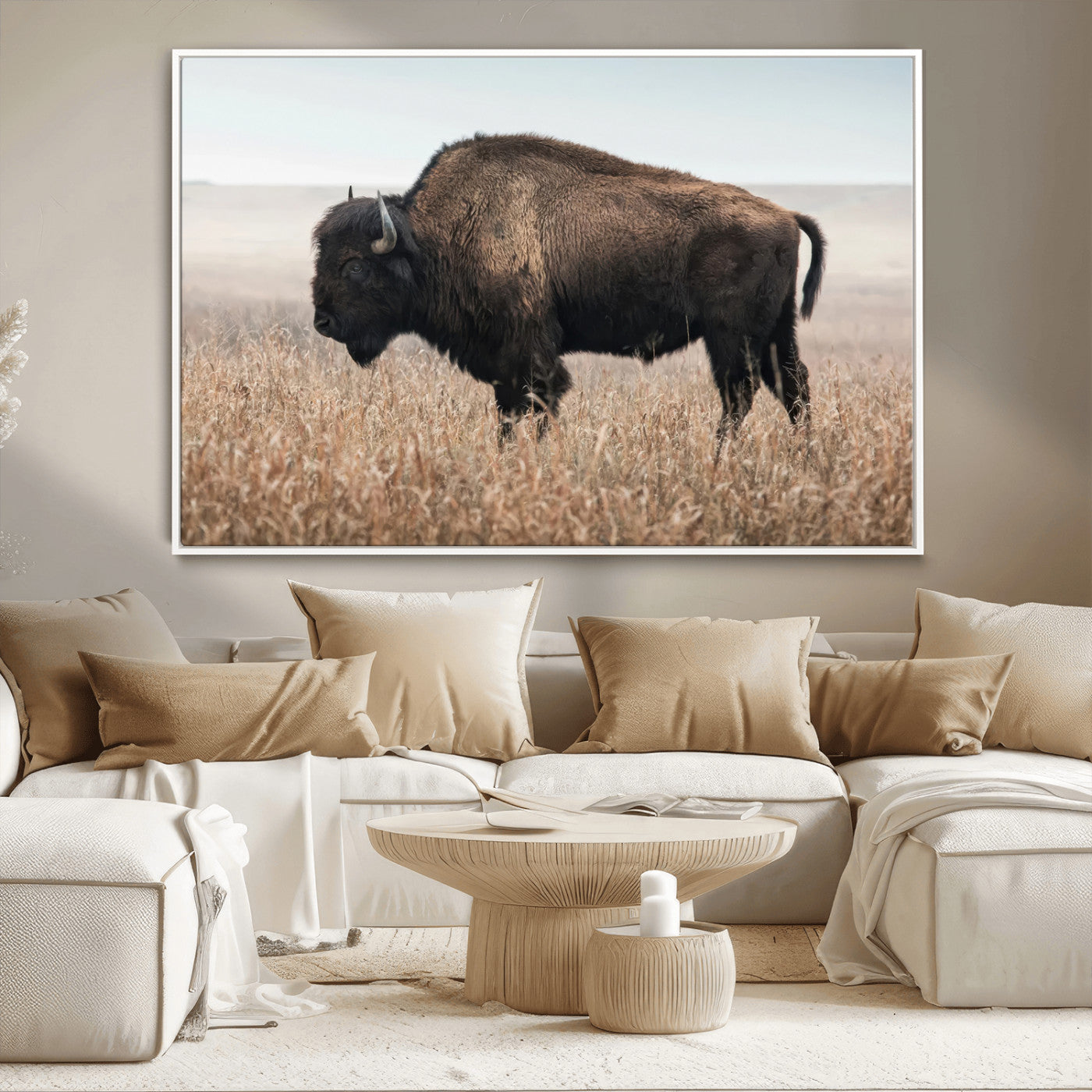 34451925-MGV-CV-36X24-Rustic Bison Decor Wall Art Canvas Print, Framed Buffalo Home Accent Art Picture Print, Prairie Wildlife Scene Perfect Western
