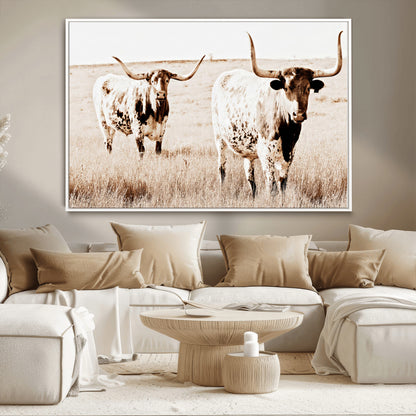 39672786-MGV-CV-36X24-Rustic Cow Scene Wall Art Canvas Print, Framed Farmhouse Style Cattle Art Picture Print, Prairie Animal Duo Perfect Rustic Western