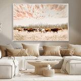 43704663-MGV-CV-36X24-Country Cow Herd Wall Art Canvas Print, Framed Farmhouse Cattle Scene Art Picture Print, Rustic Ranch Decor Perfect Rustic