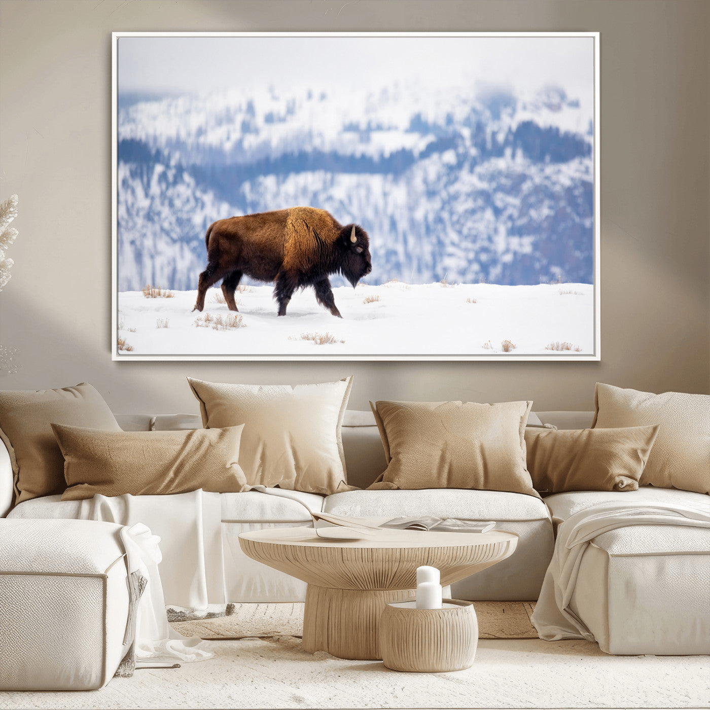 58512275-MGV-CV-36X24-Cowboy Aesthetic Wall Art Canvas Print, Framed Neutral Animal Theme Art Picture Print, Bison Ranch Style Perfect Rustic Western