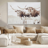 48161868-MGV-CV-36X24-Longhorn Cow Decor Wall Art Canvas Print, Framed Rustic Cattle Art Picture Print, Sepia Western Vibe Perfect Neutral Rustic