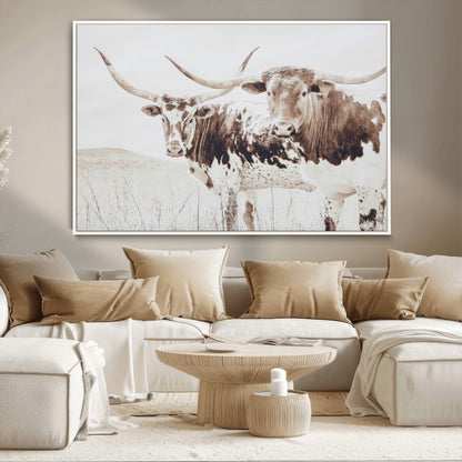 48161868-MGV-CV-36X24-Longhorn Cow Decor Wall Art Canvas Print, Framed Rustic Cattle Art Picture Print, Sepia Western Vibe Perfect Neutral Rustic