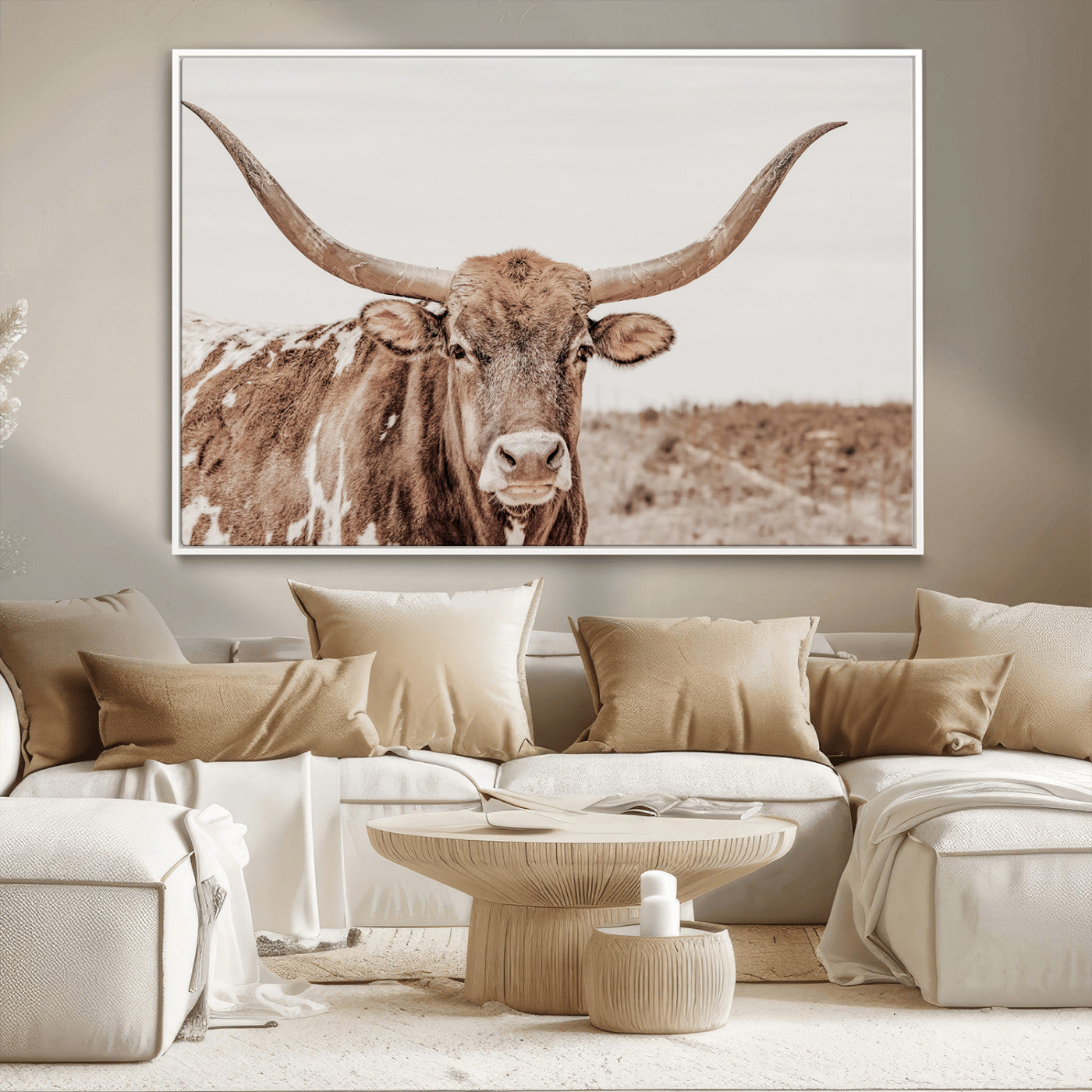 77810049-MGV-CV-36X24-Longhorn Bull Photo Wall Art Canvas Print, Framed Rustic Cow Decor Art Picture Print, Neutral Farmhouse Style Perfect Rustic