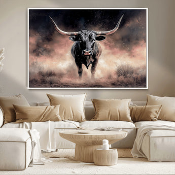 71457818-MGV-CV-36X24-Longhorn Wall Art Wall Art Canvas Print, Framed Western Bull Canvas Art Picture Print, Rustic Cow Decor Perfect Western Dramatic