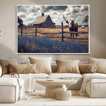 51092814-MGV-CV-36X24-Texas Longhorn Wall Art Wall Art Canvas Print, Framed Rustic Barn Canvas Art Picture Print, Farmhouse Cow Decor Perfect Rustic