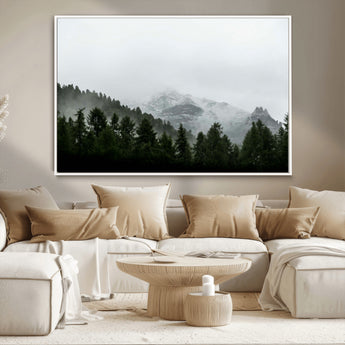 55968349-MGV-CV-36X24-Misty Mountains Wall Art Canvas Print, Framed Foggy Forest Art Picture Print, Snowy Peaks Perfect Moody Wilderness Decor Artwork
