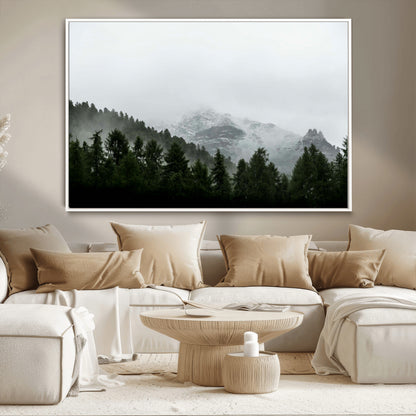 55968349-MGV-CV-36X24-Misty Mountains Wall Art Canvas Print, Framed Foggy Forest Art Picture Print, Snowy Peaks Perfect Moody Wilderness Decor Artwork