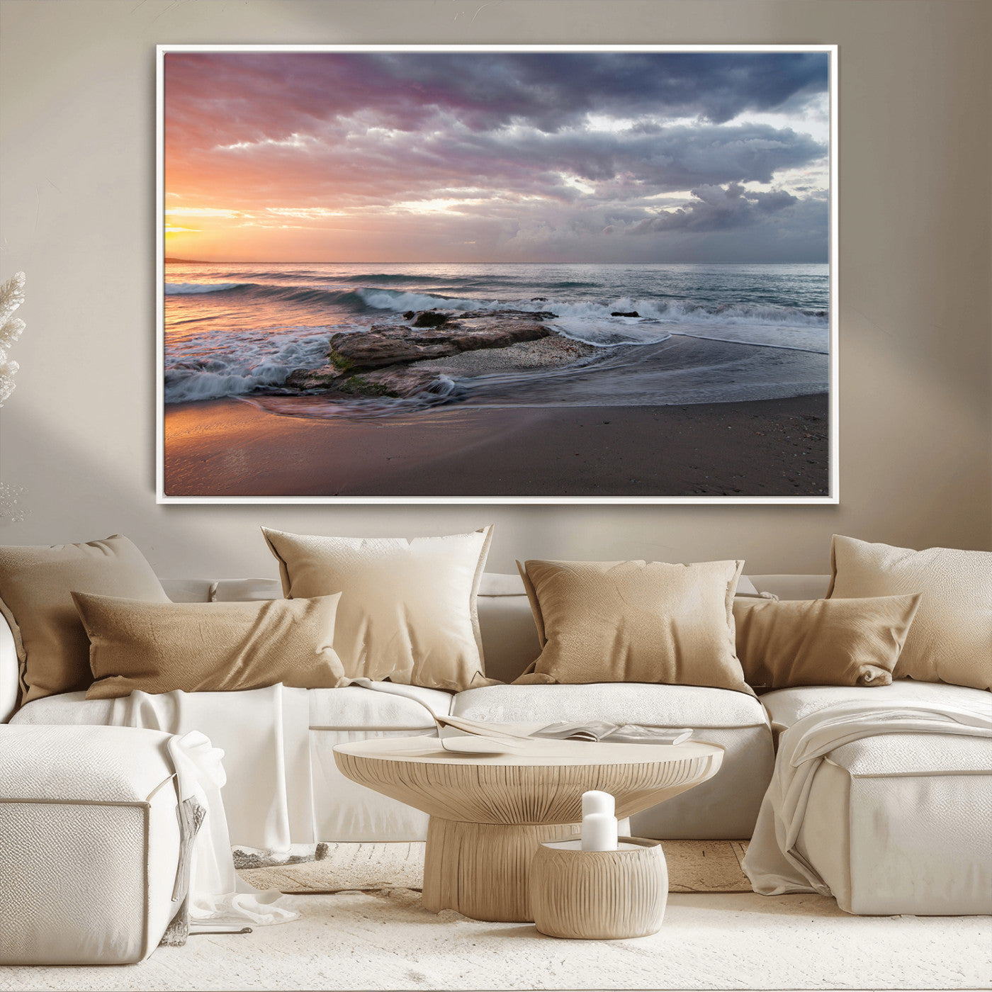94208089-MGV-CV-36X24-Golden Hour Wall Art Canvas Print, Framed Tranquil Waves Art Picture Print, Beach Horizon Perfect Coastal Serenity Decor Artwork