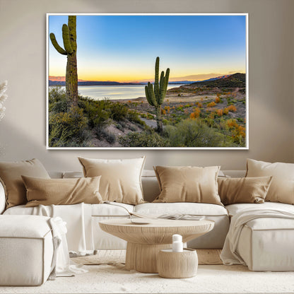 52844711-MGV-FC-36X24_White-Saguaro Cactus Wall Art Canvas Print, Framed Desert Sunset Art Picture Print, Southwestern Scene Perfect Southwestern Rustic Decor