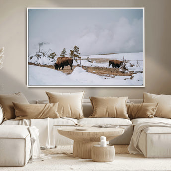 60308289-MGV-CV-36X24-Bison Wildlife Wall Art Canvas Print, Framed Snowy Prairie Art Picture Print, Western Landscape Perfect Rustic Winter Decor