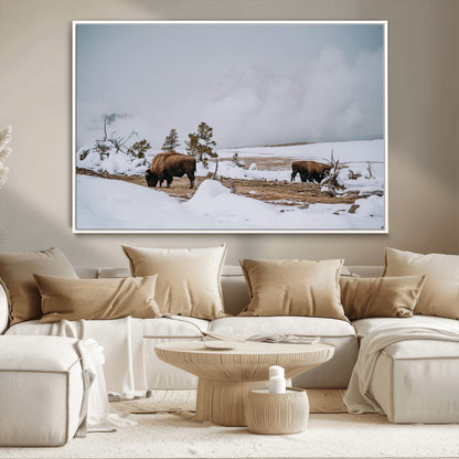 60308289-MGV-CV-36X24-Bison Wildlife Wall Art Canvas Print, Framed Snowy Prairie Art Picture Print, Western Landscape Perfect Rustic Winter Decor