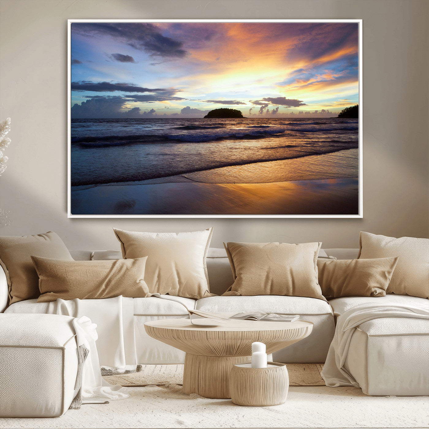 36714356-MGV-FC-36X24_White-Beach Sunset Wall Art Canvas Print, Framed Ocean Waves Art Picture Print, Tropical Seascape Perfect Coastal Serenity Decor Artwork