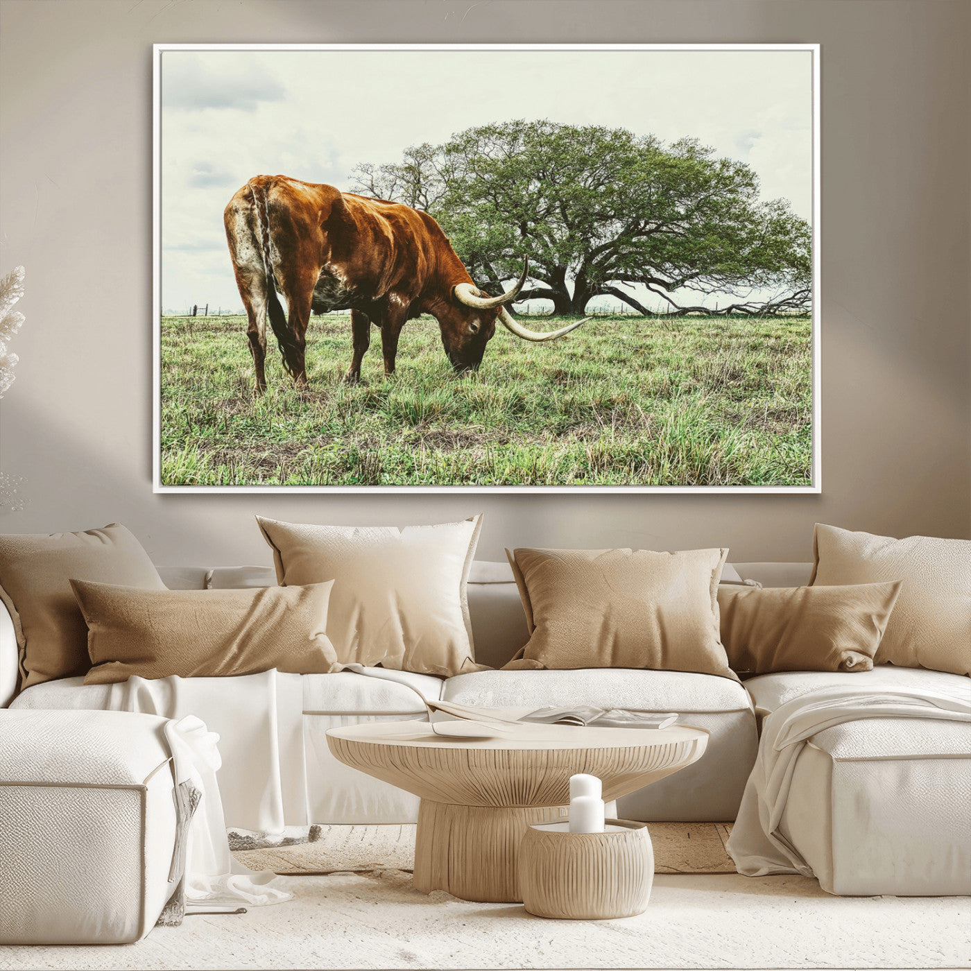 91866234-MGV-CV-36X24-Texas Longhorn Wall Art Canvas Print, Framed Rustic Ranch Art Picture Print, Western Cattle Perfect Rustic Farmhouse Decor Artwork