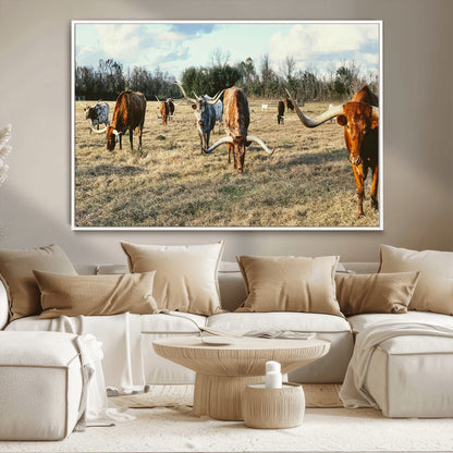 39144651-MGV-CV-36X24-Texas Longhorns Wall Art Canvas Print, Framed Rustic Farm Scene Art Picture Print, Western Cattle Perfect Rustic Farmhouse Decor