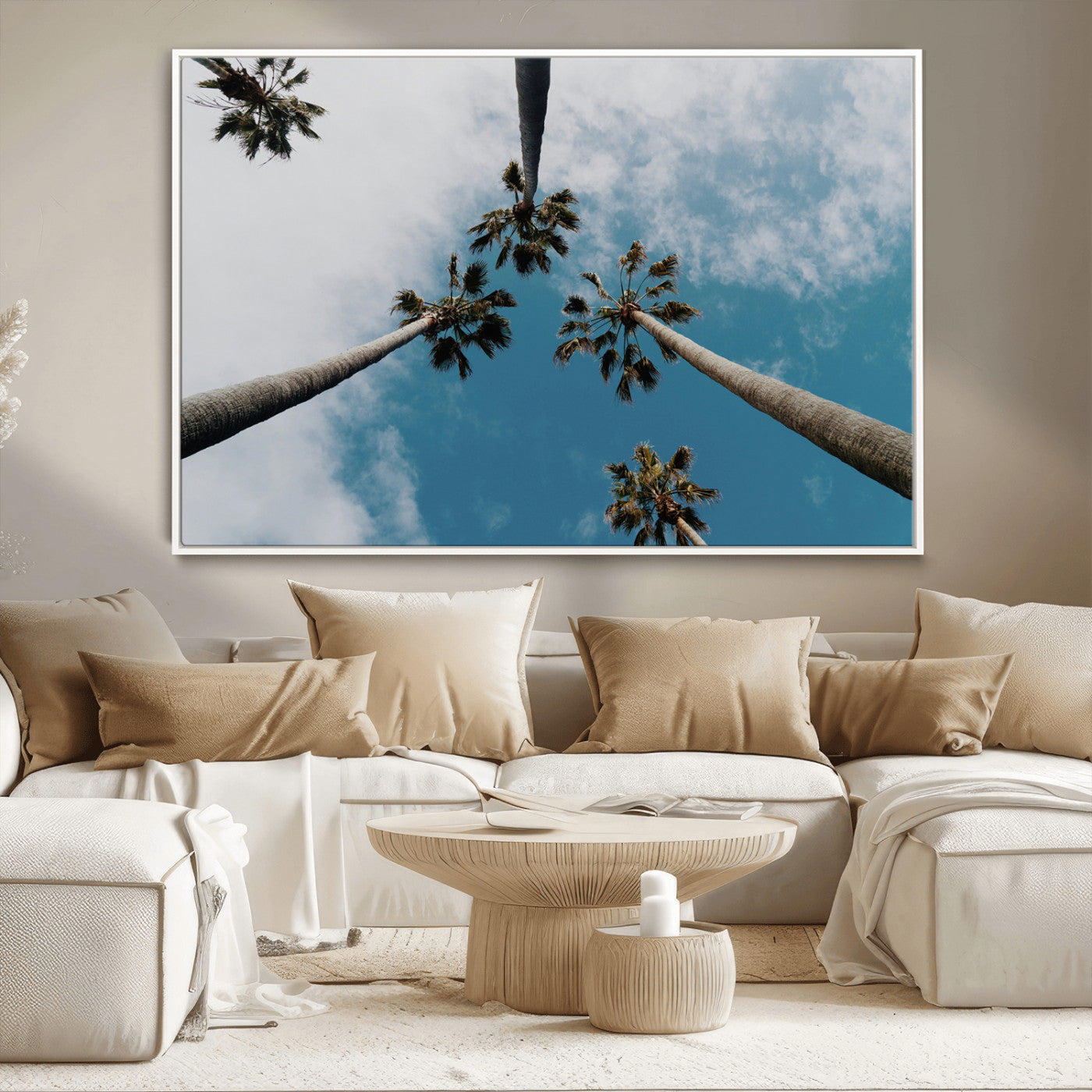 45236398-MGV-CV-36X24-Tropical Palm Trees Wall Art Canvas Print, Framed California Sky Art Picture Print, Minimalist Nature Perfect Coastal Minimalist