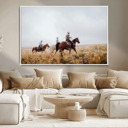 94723307-MGV-CV-36X24-Western Cowboys Wall Art Canvas Print, Framed Rustic Prairie Art Picture Print, Horseback Riding Perfect Rustic Western Decor