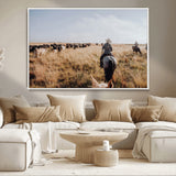 22431577-MGV-CV-36X24-Western Wall Art Wall Art Canvas Print, Framed Cowboy Canvas Art Picture Print, Cattle Drive Scene Perfect Rustic Western Decor
