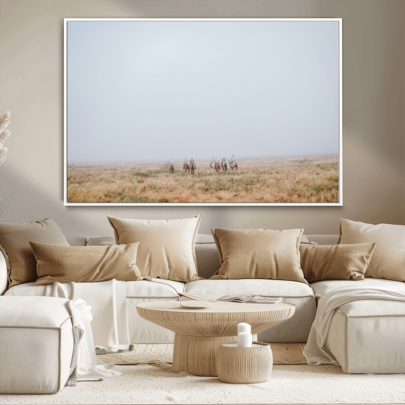 14761944-MGV-CV-36X24-Foggy Plains Wall Art Canvas Print, Framed Horseback Riders Art Picture Print, Rustic Western Perfect Rustic Western Decor Artwork