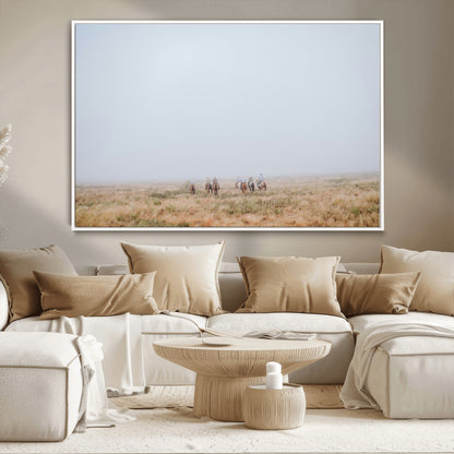 14761944-MGV-CV-36X24-Foggy Plains Wall Art Canvas Print, Framed Horseback Riders Art Picture Print, Rustic Western Perfect Rustic Western Decor Artwork