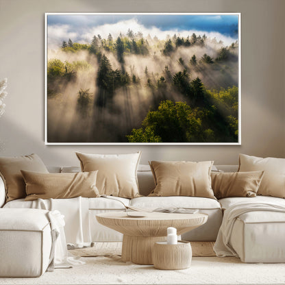 14785710-MGV-CV-36X24-Tranquil Forest Scene Wall Art Canvas Print, Framed Sunbeam Through Trees Art Picture Print, Moody Green Wall Art Perfect