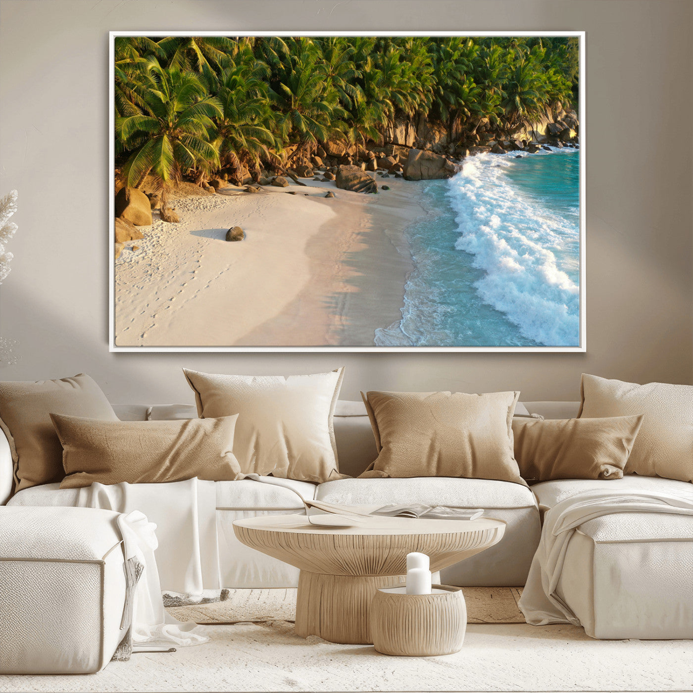 82312665-MGV-FC-36X24_White-Tropical Beach Wall Art Canvas Print, Framed Ocean Waves Art Picture Print, Palm Trees Perfect Coastal Minimalist Decor Artwork