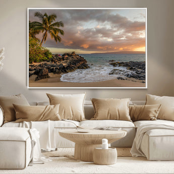 55108220-MGV-CV-36X24-Tropical Beach Wall Art Canvas Print, Framed Hawaiian Sunset Art Picture Print, Ocean Waves Perfect Coastal Tropical Decor Artwork