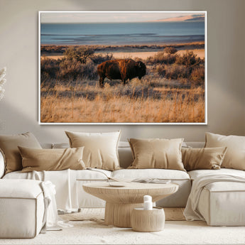 39509187-MGV-CV-36X24-Western Wildlife Wall Art Canvas Print, Framed Bison Art Picture Print, Golden Hour Perfect Western Rustic Decor Artwork