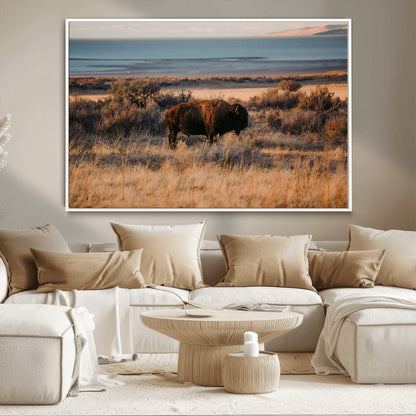 39509187-MGV-CV-36X24-Western Wildlife Wall Art Canvas Print, Framed Bison Art Picture Print, Golden Hour Perfect Western Rustic Decor Artwork