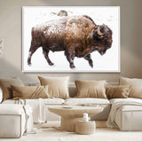 94261165-MGV-CV-36X24-Snowy Buffalo Wall Art Canvas Print, Framed Wildlife Photography Art Picture Print, Brown Tones Perfect Rustic Lodge Decor Decor