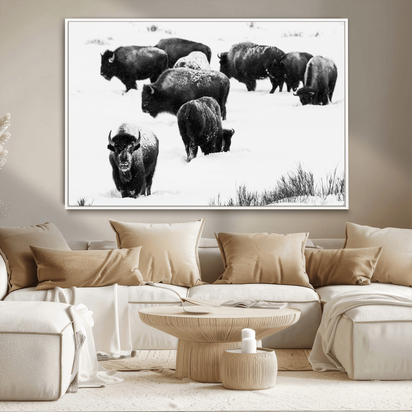 18914414-MGV-FC-36X24_White-Buffalo Herd Wall Art Canvas Print, Framed Black and White Art Picture Print, Snowy Landscape Perfect Rustic Lodge Decor Decor
