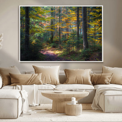 65810864-MGV-CV-36X24-Autumn Forest Wall Art Canvas Print, Framed Fall Woodland Art Picture Print, Golden Leaves Perfect Rustic Farmhouse Decor Artwork