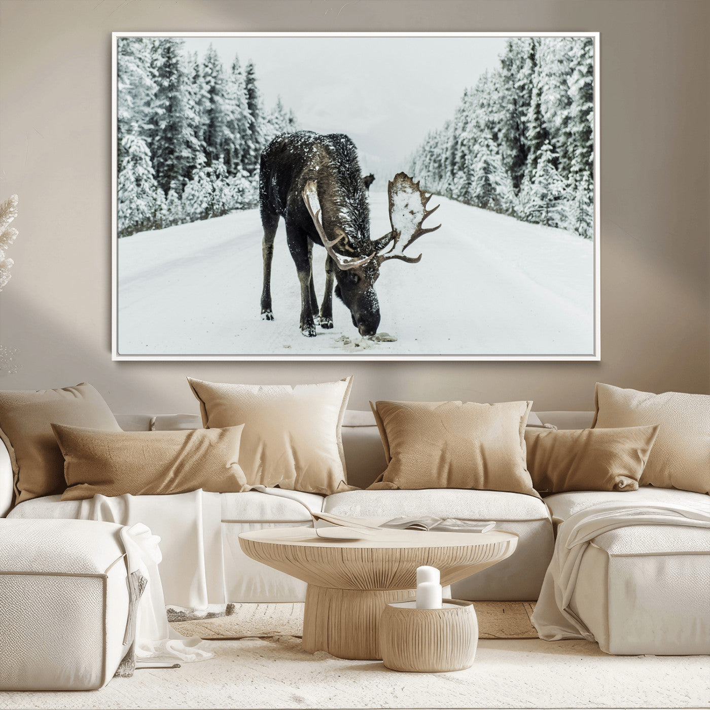 13316292-MGV-CV-36X24-Moose in Snow Wall Art Canvas Print, Framed Winter Wildlife Art Picture Print, Snowy Forest Scene Perfect Rustic Lodge Decor