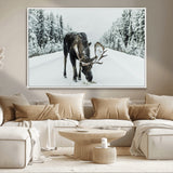 13316292-MGV-CV-36X24-Moose in Snow Wall Art Canvas Print, Framed Winter Wildlife Art Picture Print, Snowy Forest Scene Perfect Rustic Lodge Decor