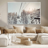 91534512-MGV-CV-36X24-Frosty Pines Wall Art Canvas Print, Framed Cozy Cabin View Art Picture Print, Ski Lift Ride Perfect Rustic Lodge Decor Artwork