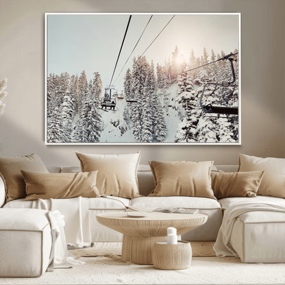 91534512-MGV-CV-36X24-Frosty Pines Wall Art Canvas Print, Framed Cozy Cabin View Art Picture Print, Ski Lift Ride Perfect Rustic Lodge Decor Artwork