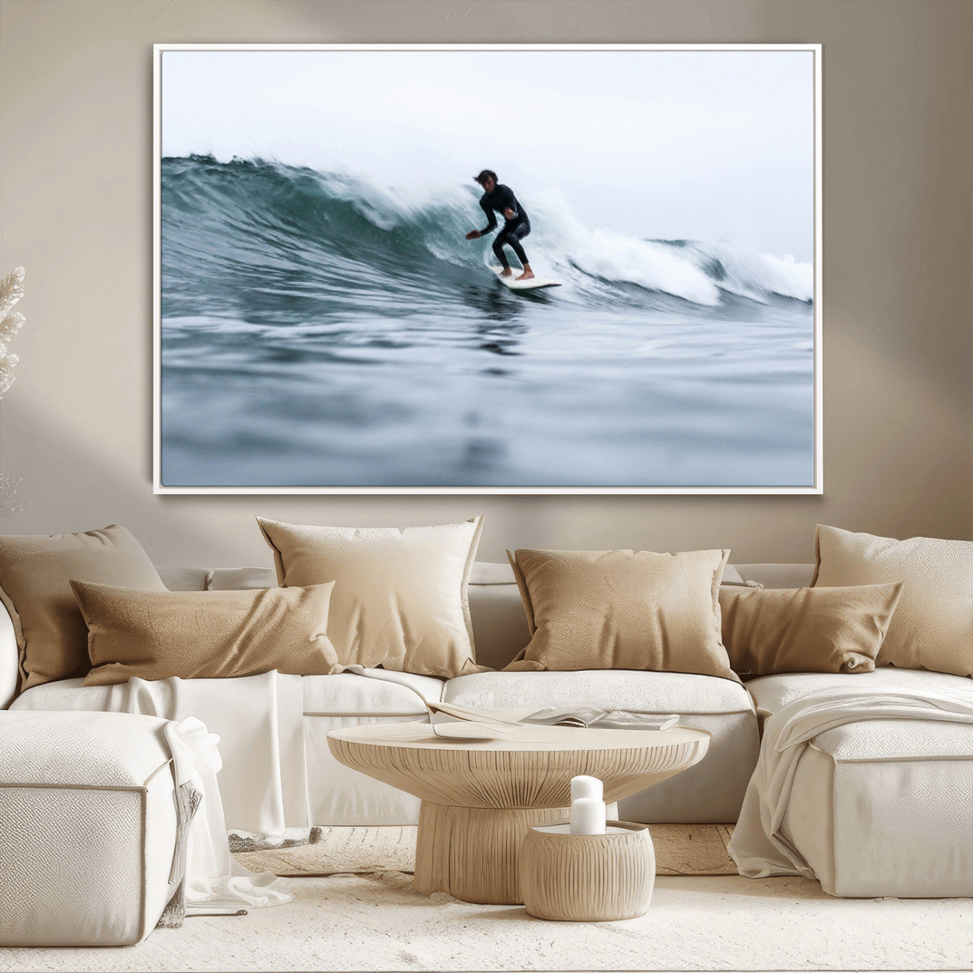 11693607-MGV-CV-36X24-Surfer on Wave Wall Art Canvas Print, Framed Ocean Adventure Art Picture Print, Motion Blur Water Perfect Coastal Adventure Decor