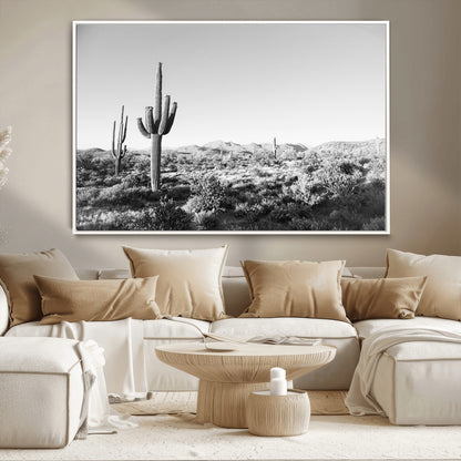 85205054-MGV-CV-36X24-Saguaro Cactus Wall Art Canvas Print, Framed Monochrome Landscape Art Picture Print, Scenic Arizona View Perfect Minimalist