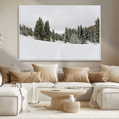 24581417-MGV-CV-36X24-Frosty Pines Wall Art Canvas Print, Framed Silent Snowfall Art Picture Print, Cozy Cabin Vibes Perfect Nordic Minimalist Decor